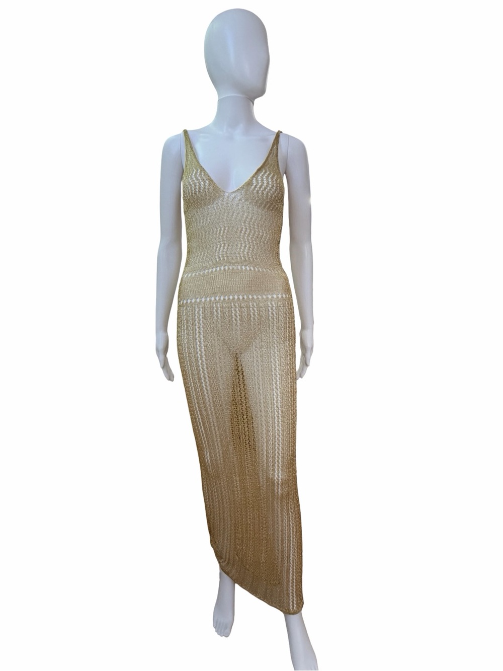 Zara Gold Metallic Crochet Knit Maxi Dress • Sheer Beach Cover-Up